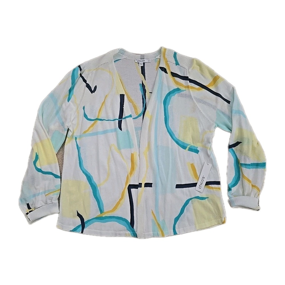 New Women's Chico's Cardigan Sweater Size 2 US L Long Sleeve White Blue Yellow